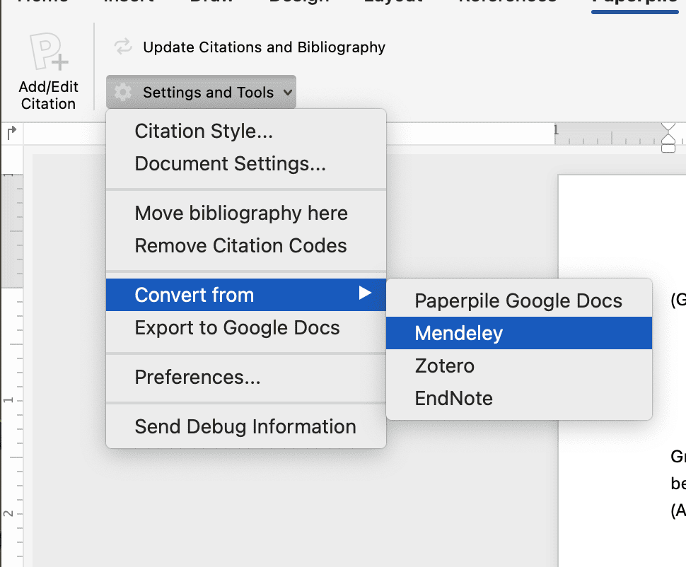 The Settings and Tools menu in Word with “Convert from” open and Mendeley highlighted, alongside Paperpile Google Docs, Zotero and EndNote.